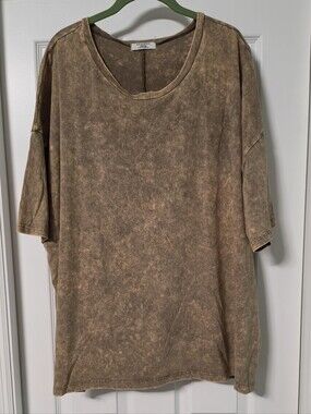 Zenana Oversized Acid Wash Brown Short Sleeve Tee, 2X/3X